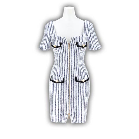 8/11新作!ツイードストライプフロントジップ半袖タイトミニ丈キャバドレス[SML/3サイズ展開](ライトブルー-Sサイズ)