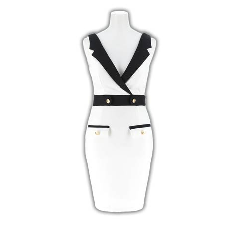 8/4新作!バイカラーテーラードウエストラインタイトミニ丈キャバドレス[SML/3サイズ展開](ホワイト×ブラック-Sサイズ)