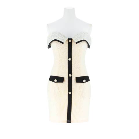 8/15新作!バイカラー総レースビジューオフショルタイトミニ丈キャバドレス[SML/3サイズ展開](アイボリー-Sサイズ)