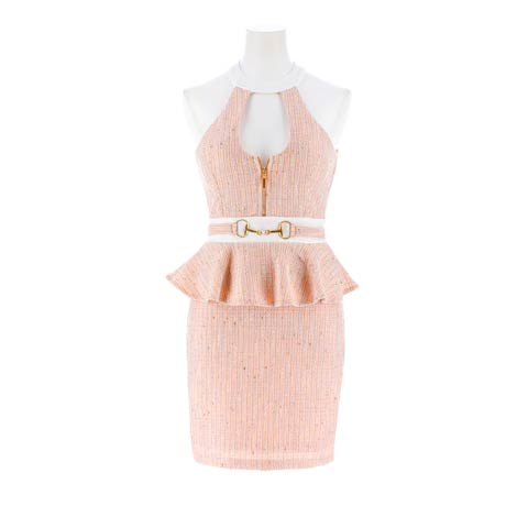 8/13新作!ツイードジップホールペプラムアメスリタイトミニ丈キャバドレス[SML/3サイズ展開][伊藤桃々着用](コーラルピンク-Sサイズ)