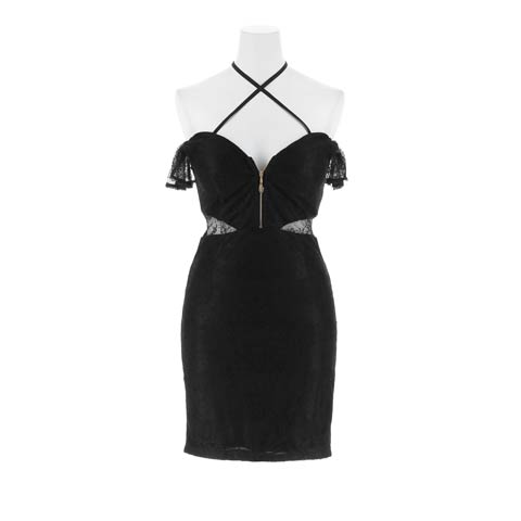 7/2新作!クロスホルターオフショルジップ総レースタイトミニ丈キャバドレス[SML/3サイズ展開](ブラック-Sサイズ)