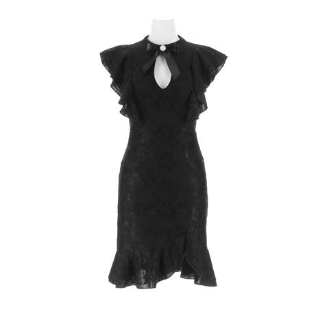 ブローチ付き総レースカットアウトフリルマーメイドミニ丈キャバドレス[SML/3サイズ展開][伊藤桃々着用](ブラック-Sサイズ)