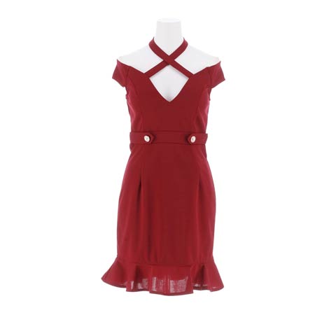 7/11新作!Vネッククロスホルターオフショルマーメイドミニ丈キャバドレス[SML/3サイズ展開][伊藤桃々着用](ワインレッド-Sサイズ)