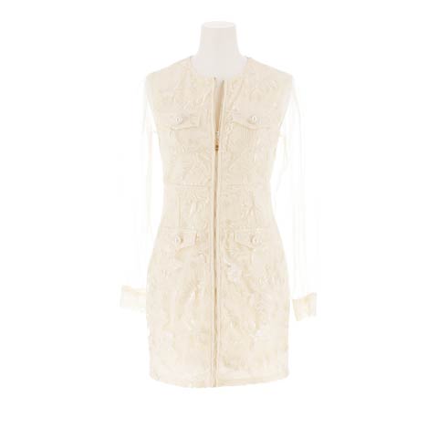 7/30新作!ラメフラワー刺繍フロントジップシアー長袖タイトミニ丈キャバドレス[SML/3サイズ展開](アイボリー-Sサイズ)