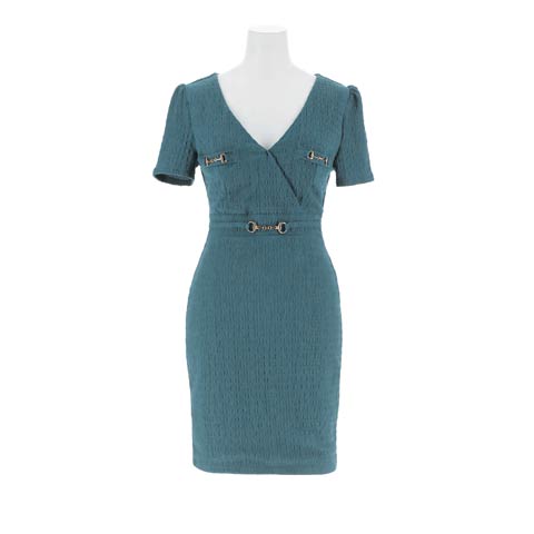 8/6新作!カシュクールシャーリングベルトモチーフタイトミニ丈キャバドレス[SML/3サイズ展開](ブルーグリーン-Sサイズ)