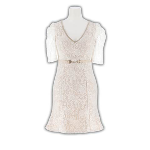 8/13新作!ビジューネックバックオープンローズレース五分袖マーメイドミニ丈キャバドレス[SML/3サイズ展開](ピンクベージュ-Sサイズ)