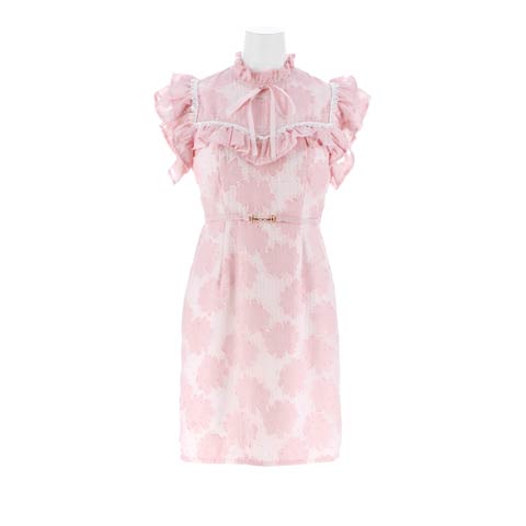 7/25新作!フラワーオーガンジービジューリボンフリル袖タイトミニ丈キャバドレス[SML/3サイズ展開](ピンク-Sサイズ)