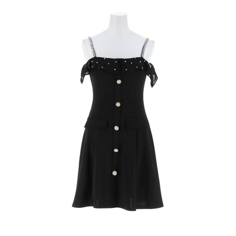 7/25新作!ラインストーンシアーフリルオフショルAラインミニ丈キャバドレス[SML/3サイズ展開](ブラック-Sサイズ)