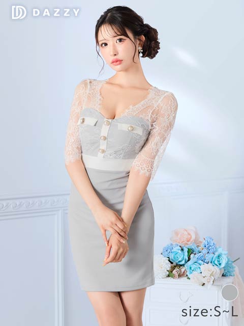 8/6新作!ドッキングフラワーレースフロントラインタイトミニ丈キャバドレス[SML/3サイズ展開][伊藤桃々着用]