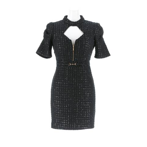 10/6新作!スパンコールカットアウトファスナー半袖タイトミニ丈キャバドレス(ブラック-Sサイズ)