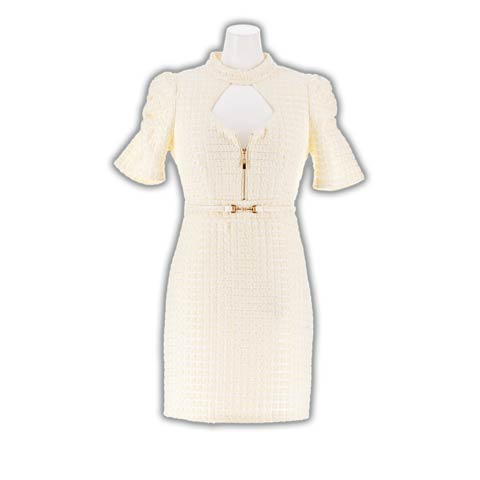 10/6新作!スパンコールカットアウトファスナー半袖タイトミニ丈キャバドレス(アイボリー-Sサイズ)