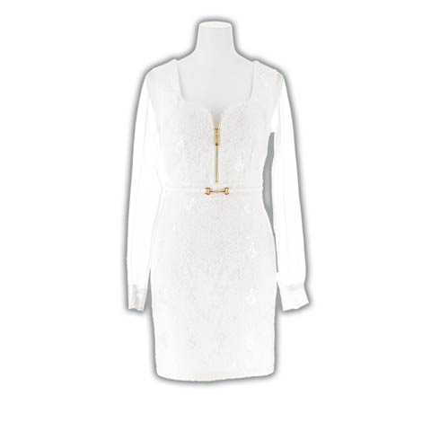 8/4新作!総レーススクエアネックフロントジップ長袖タイトミニ丈キャバドレス[SML/3サイズ展開][伊藤桃々着用](ホワイト-Sサイズ)