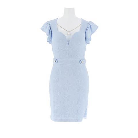 7/14新作!パールチャームシアースリットフリル袖タイトミニドレス[SML/3サイズ展開](ライトブルー-Sサイズ)