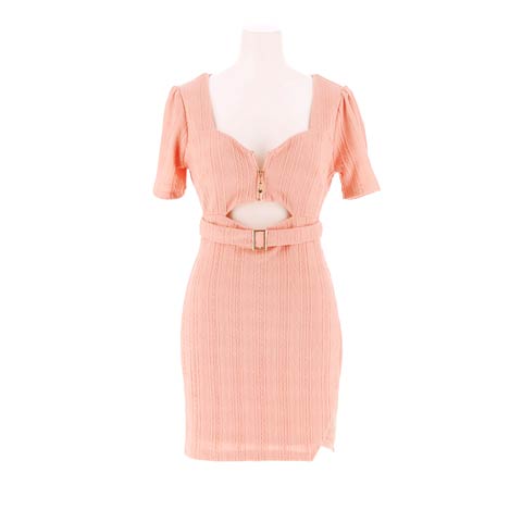 8/11新作!ケーブルジップカットアウトベルトモチーフ半袖タイトミニ丈キャバドレス[SML/3サイズ展開](ダスティピンク-Sサイズ)