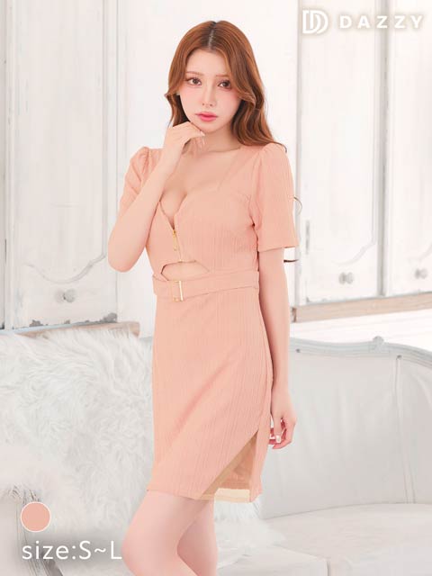 8/11新作!ケーブルジップカットアウトベルトモチーフ半袖タイトミニ丈キャバドレス[SML/3サイズ展開]