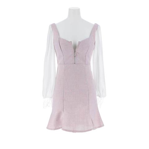 7/25新作!フロントジップツイードシフォンレース長袖マーメイドミニ丈キャバドレス[SML/3サイズ展開](ダークピンク-Sサイズ)