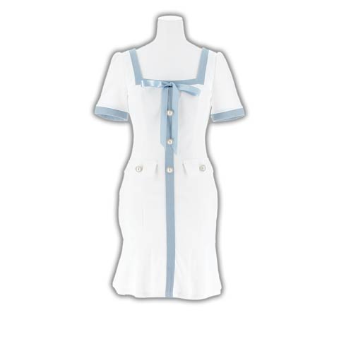 8/6新作!バイカラースクエアデニムリボン半袖マーメイドミニ丈キャバドレス[SML/3サイズ展開](ホワイト-Sサイズ)