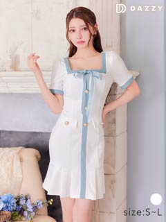 8/6新作!バイカラースクエアデニムリボン半袖マーメイドミニ丈キャバドレス[SML/3サイズ展開]