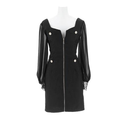 8/20新作!スクエアネックパールボタンフルジップ長袖タイトミニ丈キャバドレス[SML/3サイズ展開][伊藤桃々着用](ブラック-Sサイズ)