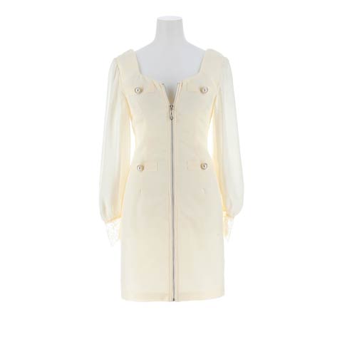 8/20新作!スクエアネックパールボタンフルジップ長袖タイトミニ丈キャバドレス[SML/3サイズ展開][伊藤桃々着用](アイボリー-Sサイズ)