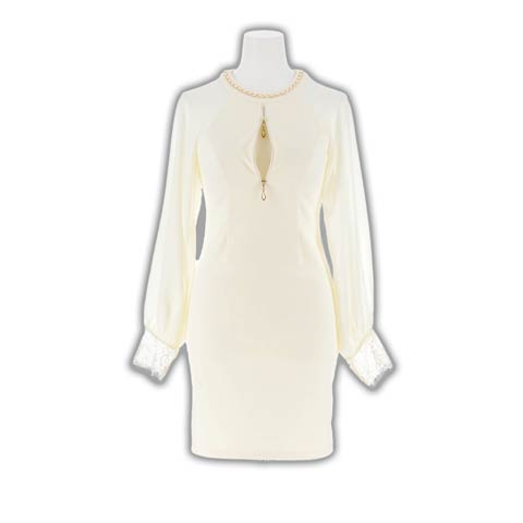 8/8新作!フロントジップチェーンネックシアー長袖タイトミニ丈キャバドレス[SML/3サイズ展開](クリーム-Sサイズ)