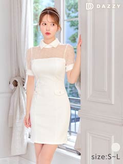 襟付き格子柄シアーレース半袖タイトミニ丈キャバドレス[SML/3サイズ展開]