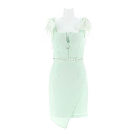 7/16新作!ワッフルチュールリボンラップスリットタイトミニ丈キャバドレス[SML/3サイズ展開](ミント-Sサイズ)