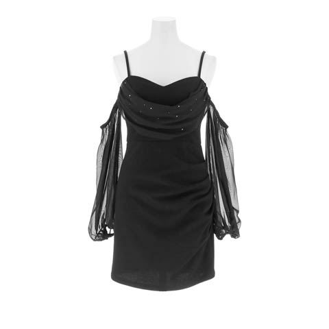 7/30新作!オフショルラインストーンドレープシフォン袖タイトミニ丈キャバドレス[SML/3サイズ展開][伊藤桃々着用](ブラック-Sサイズ)