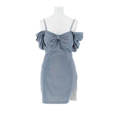 パールビジューリボン2wayオフショルタイトミニドレス[SML/3サイズ展開](ブルー-Sサイズ)