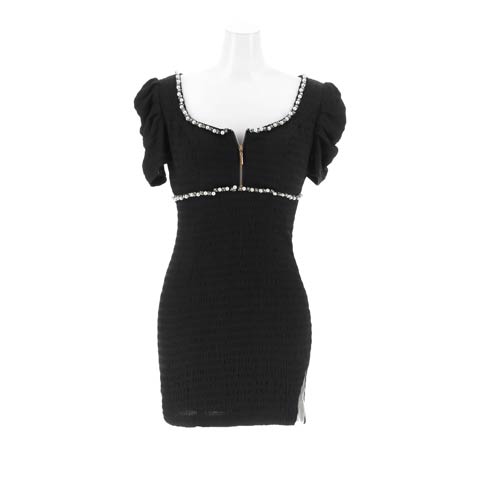 9/26新作!フロントジップパールビジューパフスリーブタイトミニ丈キャバドレス[SML/3サイズ展開]*(ブラック-Sサイズ)