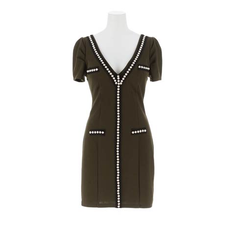 8/8新作!バイカラーフロントパールビジューライン半袖タイトミニ丈キャバドレス[SML/3サイズ展開][プチプラキャバドレス](モスグリーン-Sサイズ)