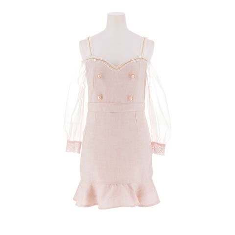 8/13新作!ツイードフリルチェーンオフショルチュール袖マーメイドミニ丈キャバドレス[SML/3サイズ展開](ピンク-Sサイズ)