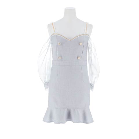 8/13新作!ツイードフリルチェーンオフショルチュール袖マーメイドミニ丈キャバドレス[SML/3サイズ展開](ライトブルー-Sサイズ)