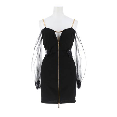 8/29新作!ビジューフロントジップカットアウトシアーオフショルタイトミニ丈キャバドレス[SML/3サイズ展開](ブラック-Sサイズ)