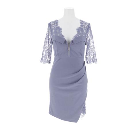 8/13新作!フロントジップサイドギャザースリットレース五分袖タイトミニ丈キャバドレス[SML/3サイズ展開](ブルー-Sサイズ)