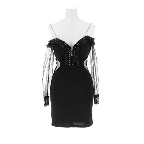 12/2再販!えちえち谷間ジップ×オフショル美くびれ魅せウエストシアーシフォン袖タイトミニドレス[SML/3サイズ展開](ブラック-Sサイズ)