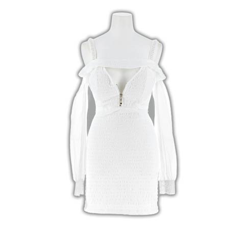 8/22新作!オフショルジップサイドシアーチュール長袖タイトミニ丈キャバドレス[SML/3サイズ展開][明日花キララ着用](ホワイト-Sサイズ)