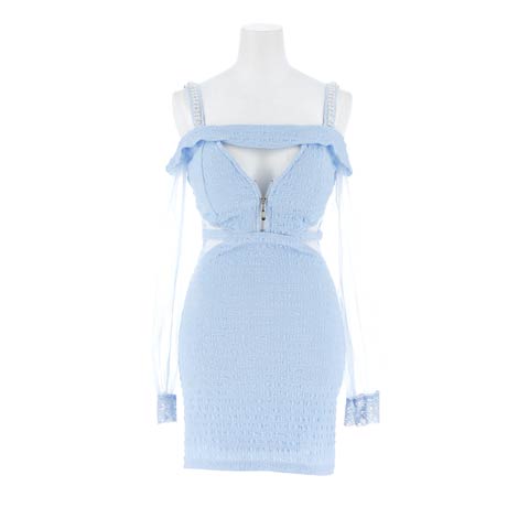 8/22新作!オフショルジップサイドシアーチュール長袖タイトミニ丈キャバドレス[SML/3サイズ展開][明日花キララ着用](ブルー-Sサイズ)