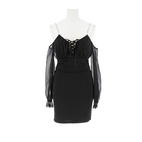 8/25新作!レースアップリボンオーガンジーオフショル袖タイトミニ丈キャバドレス[SML/3サイズ展開](ブラック-Sサイズ)