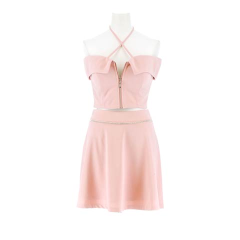 8/29新作!フロントジップクロスネックオフショルAラインミニセットアップ[SML/3サイズ展開](ピンク-Sサイズ)