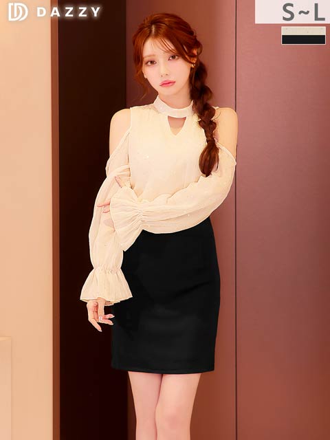 11/11再販!SEXYな肩見せオフショルにシフォン長袖で二の腕カバーするミニ丈キャバドレス