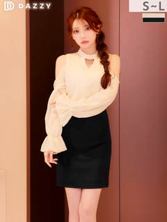 11/11再販!SEXYな肩見せオフショルにシフォン長袖で二の腕カバーするミニ丈キャバドレス