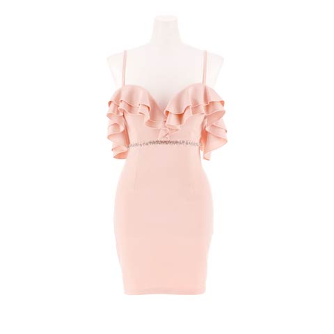 9/15新作!ボリュームフリルオフショルウエストビジュータイトミニ丈キャバドレス[SML/3サイズ展開][プチプラキャバドレス](ディープピンク-Sサイズ)