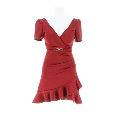 8/18新作!カシュクールベルトビジューフリルマーメイド半袖マーメイドミニドレス[SML/3サイズ展開](レッド-Sサイズ)