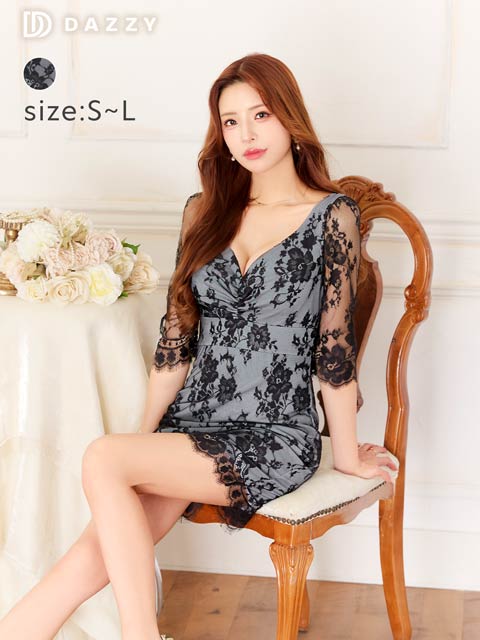 9/19新作!オールフラワーレースギャザー七分袖タイトミニ丈キャバドレス[SML/3サイズ展開][プチプラキャバドレス]