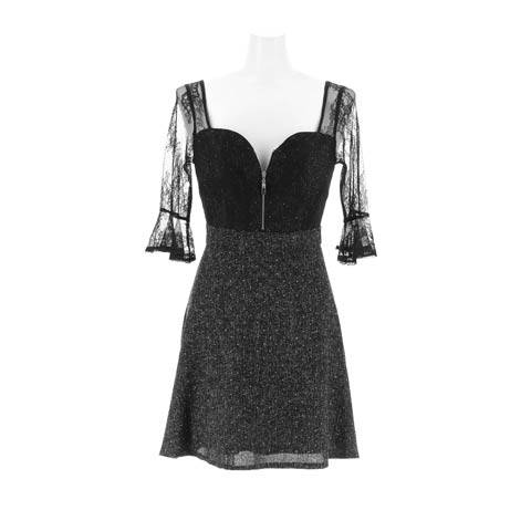 9/17新作!フロントジップツイードフラワーレース五分袖Aラインミニ丈キャバドレス[SML/3サイズ展開](ブラック-Sサイズ)