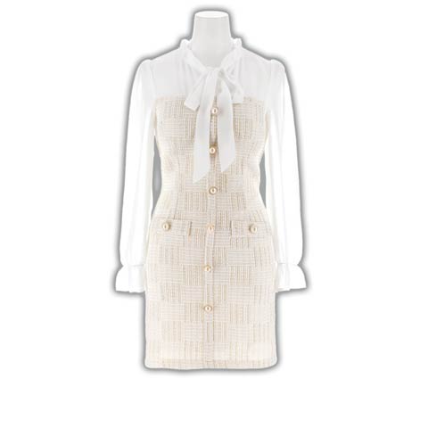 9/1新作!ツイードチェックフリルネックリボン長袖タイトミニ丈キャバドレス[SML/3サイズ展開][伊藤桃々着用](アイボリー-Sサイズ)