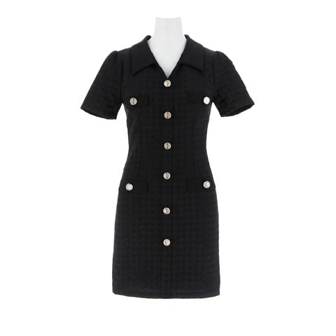 9/3新作!千鳥格子襟付きVネックボタン半袖タイトミニ丈キャバドレス[伊藤桃々着用](ブラック-Sサイズ)