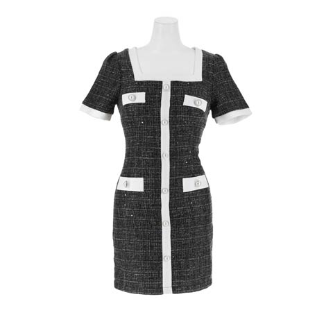 10/15新作!バイカラースクエアツイード半袖タイトミニ丈キャバドレス[SML/3サイズ展開](ブラック-Sサイズ)