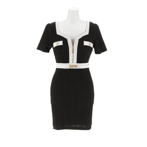 9/10新作!バイカラーラインフロントジップベルトモチーフタイトミニドレス[SML/3サイズ展開](ブラック-Sサイズ)